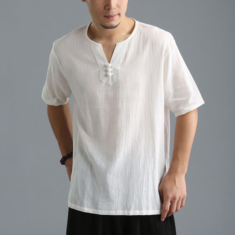 Buddha Stones Men's Solid Color V-Neck Button Short Sleeve Cotton Linen Shirt