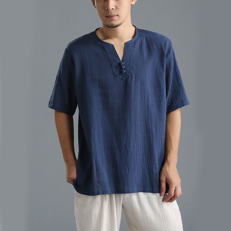 Buddha Stones Men's Solid Color V-Neck Button Short Sleeve Cotton Linen Shirt