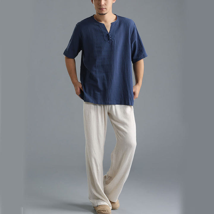 Buddha Stones Men's Solid Color V-Neck Button Short Sleeve Cotton Linen Shirt