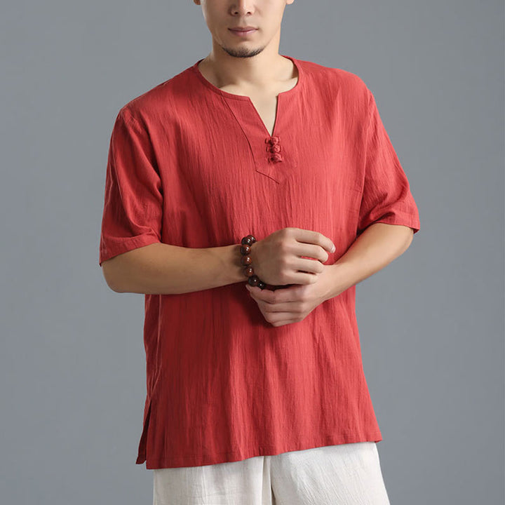 Buddha Stones Men's Solid Color V-Neck Button Short Sleeve Cotton Linen Shirt