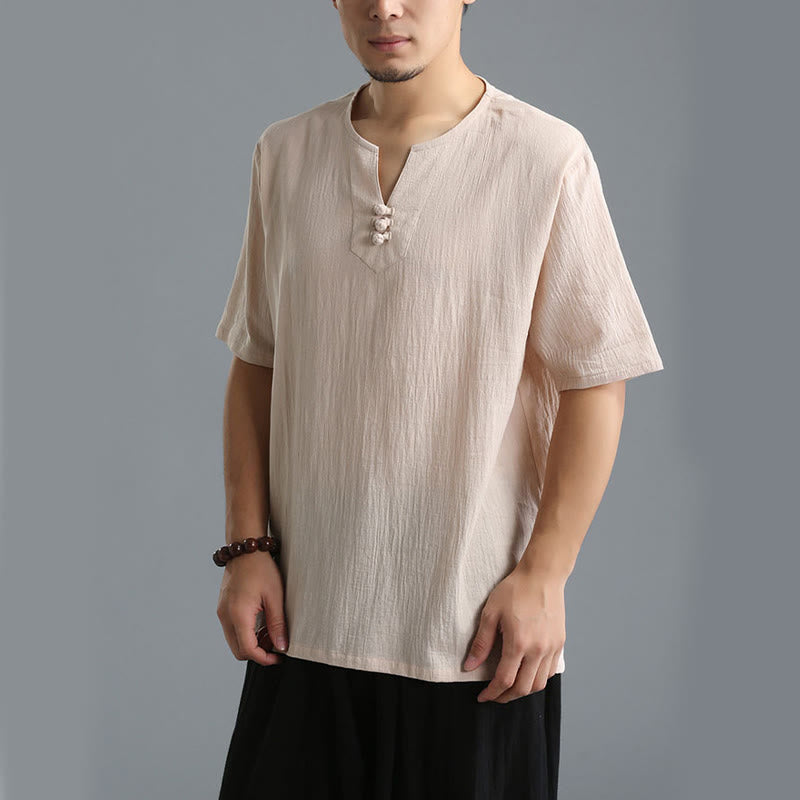 Buddha Stones Men's Solid Color V-Neck Button Short Sleeve Cotton Linen Shirt