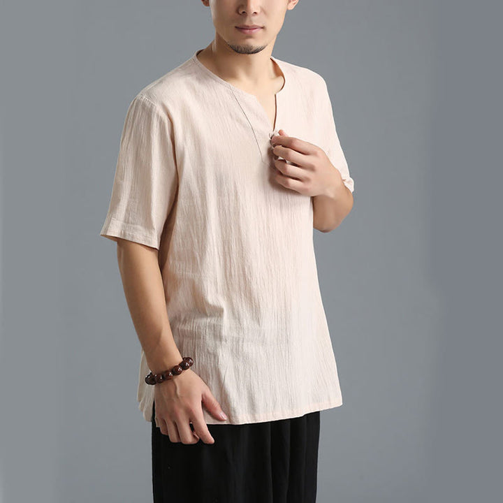 Buddha Stones Men's Solid Color V-Neck Button Short Sleeve Cotton Linen Shirt