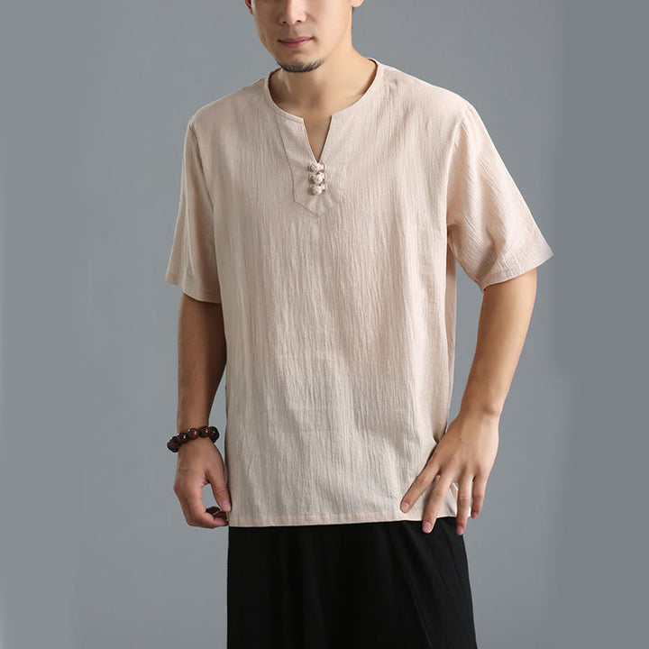 Buddha Stones Men's Solid Color V-Neck Button Short Sleeve Cotton Linen Shirt