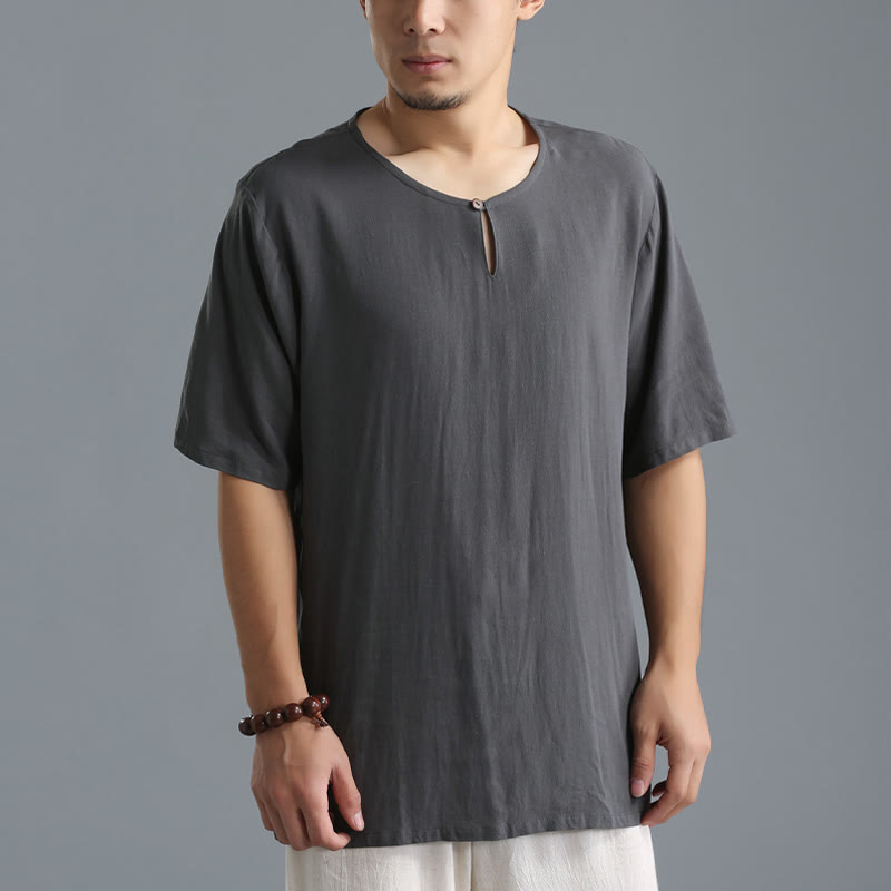 Buddha Stones Men's Solid Color Round Neck Short Sleeve Cotton Linen Shirt