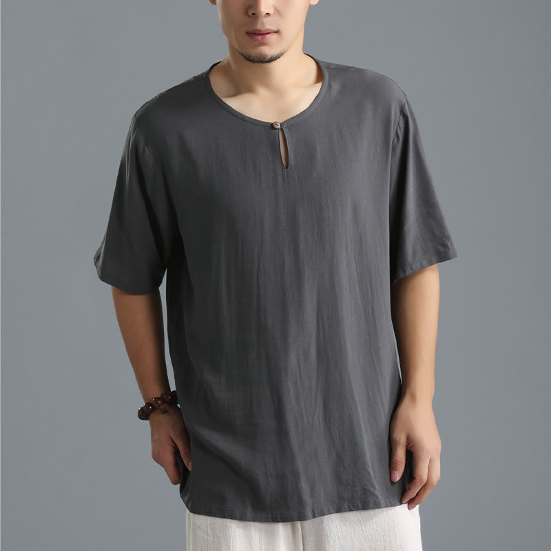 Buddha Stones Men's Solid Color Round Neck Short Sleeve Cotton Linen Shirt