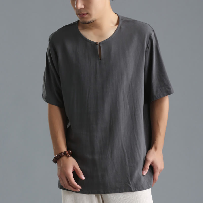 Buddha Stones Men's Solid Color Round Neck Short Sleeve Cotton Linen Shirt - image 3