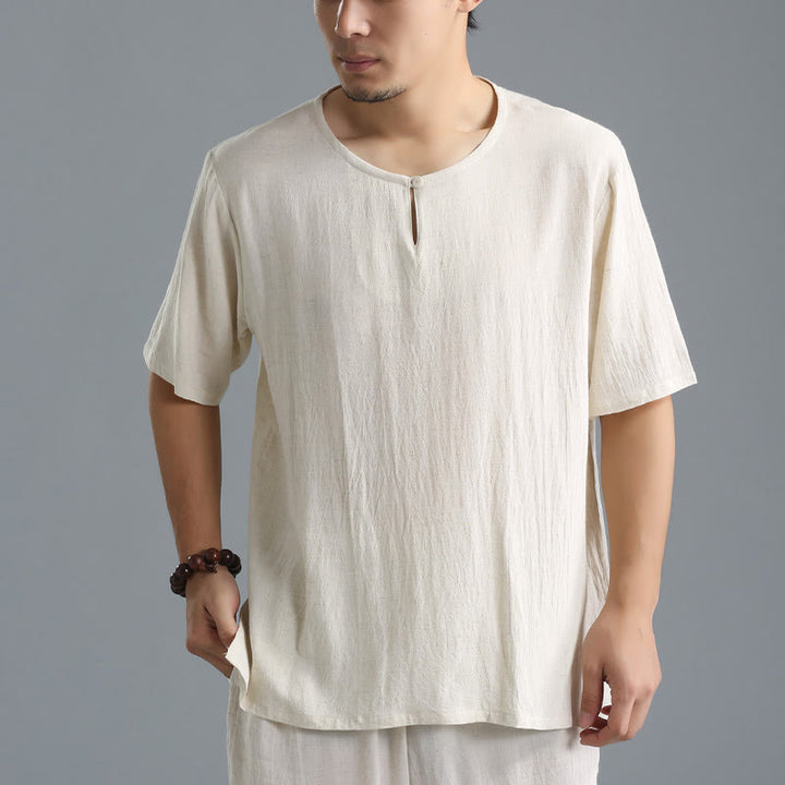 Buddha Stones Men's Solid Color Round Neck Short Sleeve Cotton Linen Shirt