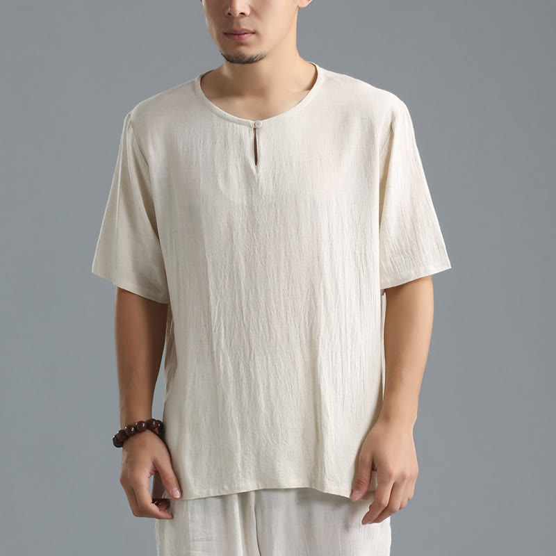 Buddha Stones Men's Solid Color Round Neck Short Sleeve Cotton Linen Shirt