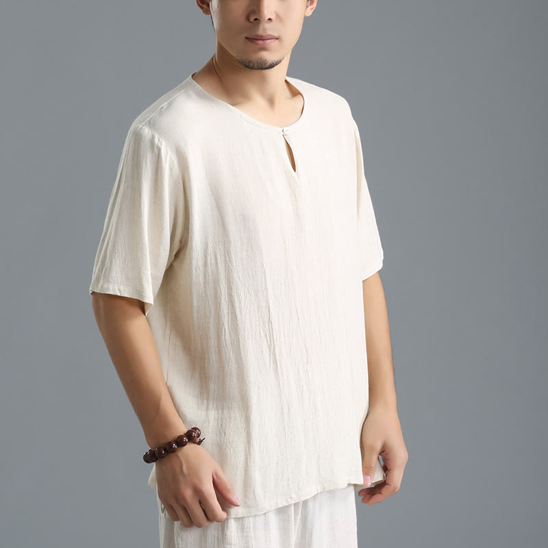 Buddha Stones Men's Solid Color Round Neck Short Sleeve Cotton Linen Shirt - image 14