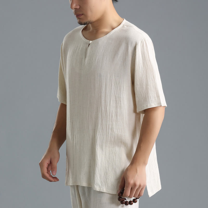 Buddha Stones Men's Solid Color Round Neck Short Sleeve Cotton Linen Shirt - image 15