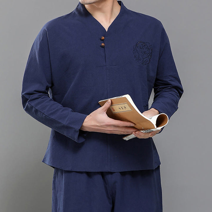 Buddha Stones 2Pcs Men's Long Sleeve Vine Embroidery Shirt Top Pants Meditation Zen Cotton Clothing Set