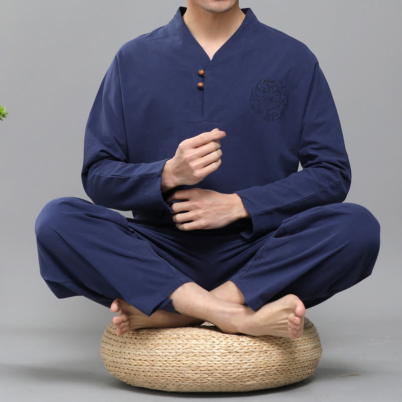 Buddha Stones 2Pcs Men's Long Sleeve Vine Embroidery Shirt Top Pants Meditation Zen Cotton Clothing Set