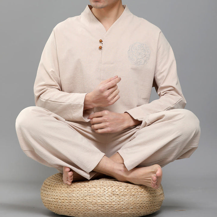 Buddha Stones 2Pcs Men's Long Sleeve Vine Embroidery Shirt Top Pants Meditation Zen Cotton Clothing Set