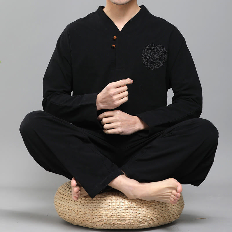 Buddha Stones 2Pcs Men's Long Sleeve Vine Embroidery Shirt Top Pants Meditation Zen Cotton Clothing Set