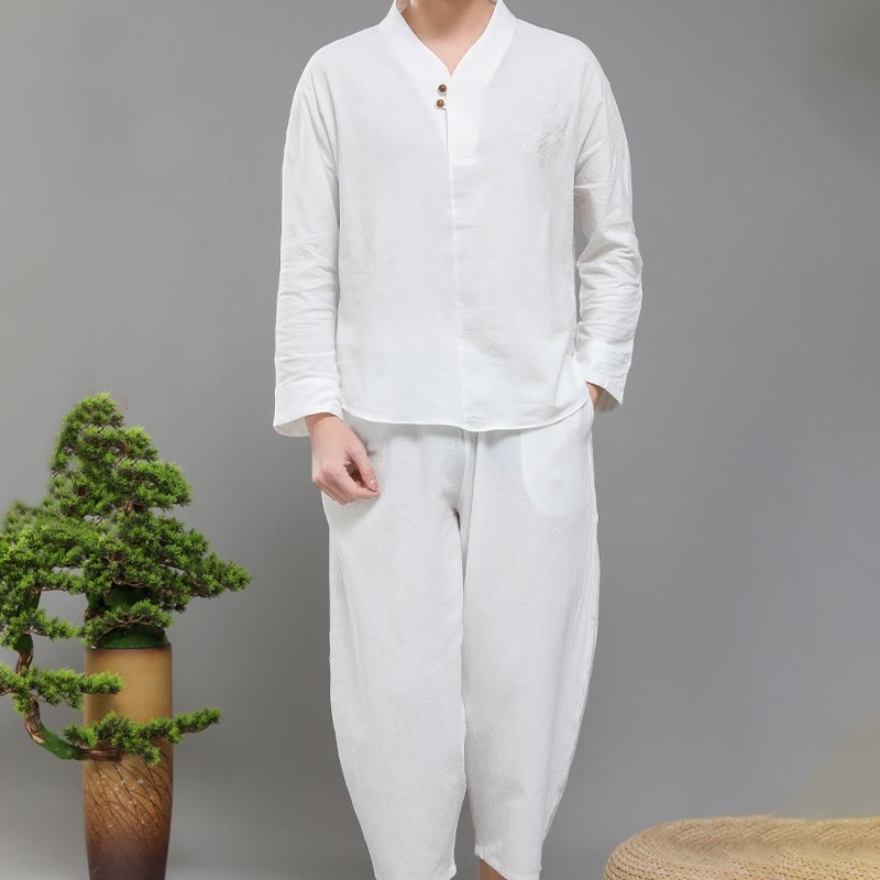 Buddha Stones 2Pcs Men's Long Sleeve Vine Embroidery Shirt Top Pants Meditation Zen Cotton Clothing Set