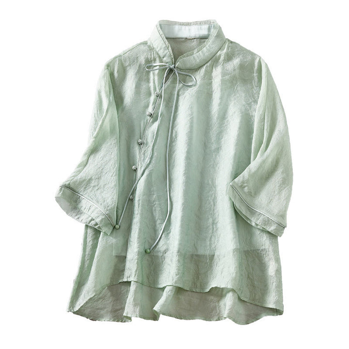 Buddha Stones Green Color Lace-up Three Quarter Sleeve Shirt With Tank Top