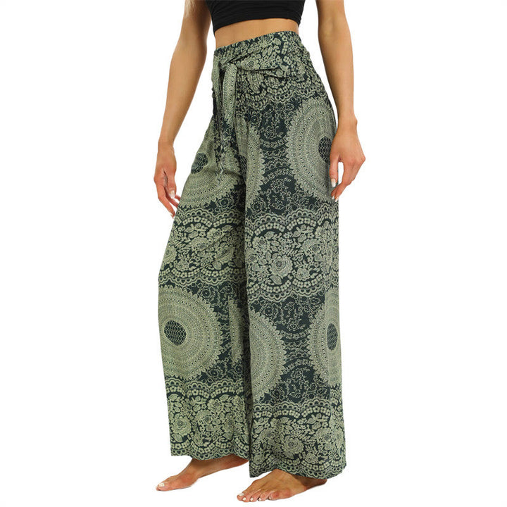 Buddha Stones Boho Lace-up Wide Leg Pants Women's Yoga Pants