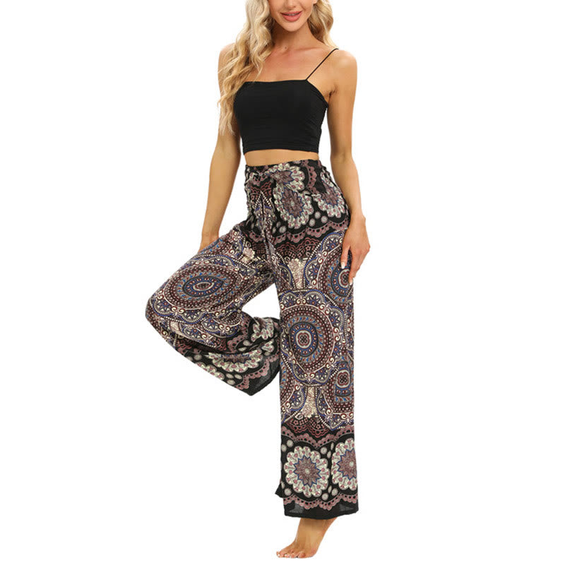 Buddha Stones Boho Mandala Print Lace-up Wide Leg Pants Women's Yoga Pants