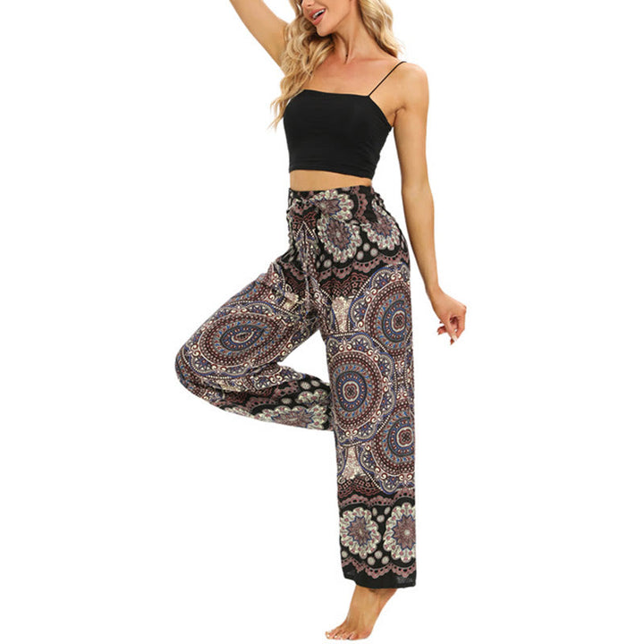 Buddha Stones Boho Mandala Print Lace-up Wide Leg Pants Women's Yoga Pants