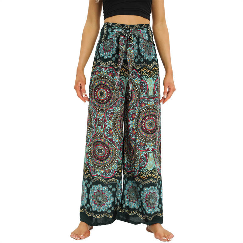 Buddha Stones Boho Mandala Print Lace-up Wide Leg Pants Women's Yoga Pants - LightSeaGreen - US2-12，UK/AU6-16，EU34-44 (F) - image 9