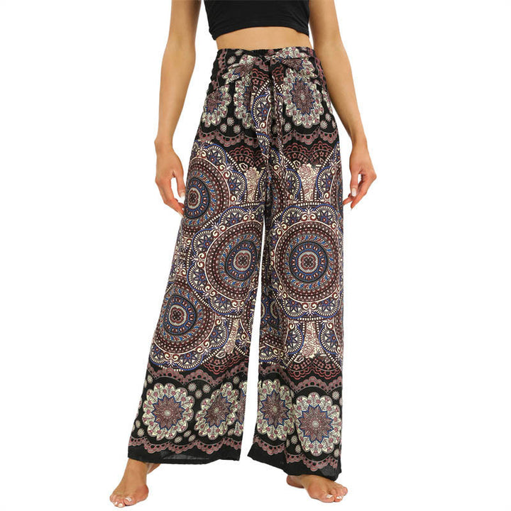 Buddha Stones Boho Mandala Print Lace-up Wide Leg Pants Women's Yoga Pants - Tan - US2-12，UK/AU6-16，EU34-44 (F) - image 1