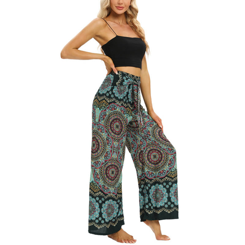 Buddha Stones Boho Mandala Print Lace-up Wide Leg Pants Women's Yoga Pants