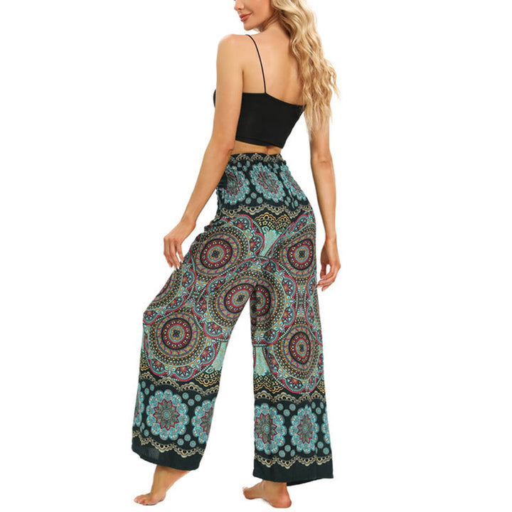 Buddha Stones Boho Mandala Print Lace-up Wide Leg Pants Women's Yoga Pants