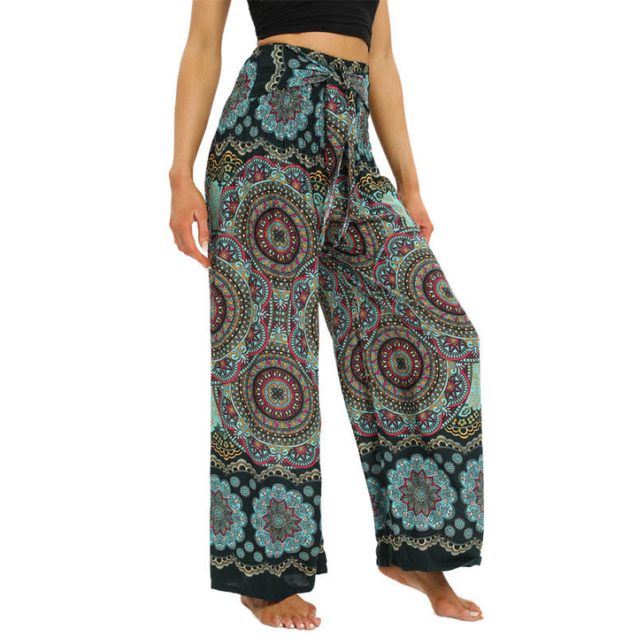 Buddha Stones Boho Mandala Print Lace-up Wide Leg Pants Women's Yoga Pants