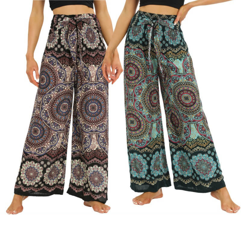 Buddha Stones Boho Mandala Print Lace-up Wide Leg Pants Women's Yoga Pants - image 0