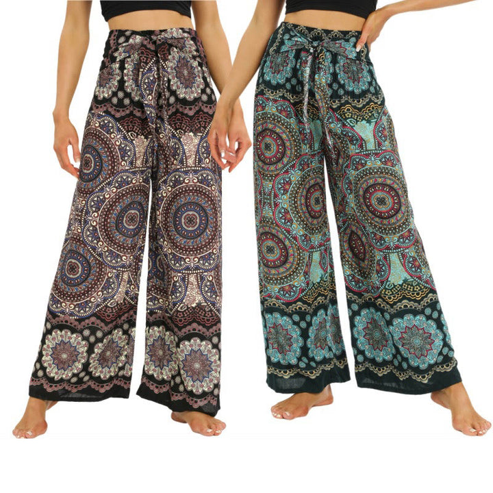 Buddha Stones Boho Mandala Print Lace-up Wide Leg Pants Women's Yoga Pants - image 0