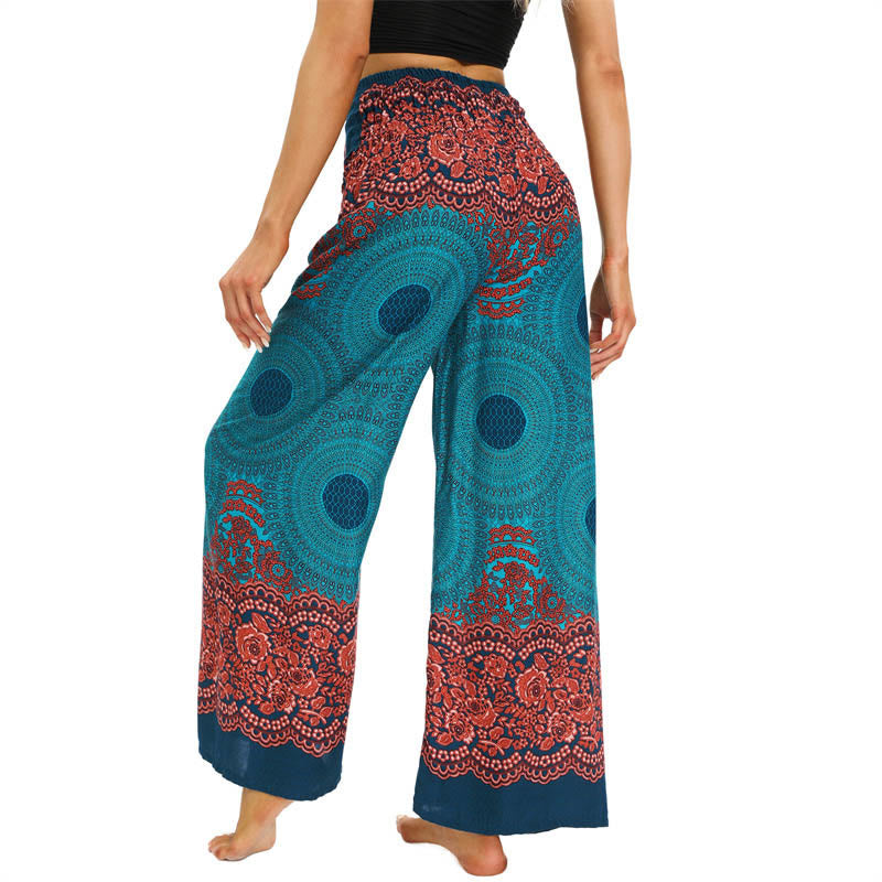 Buddha Stones Bohemian Compass Flower Print Lace-up Wide Leg Pants Women's Yoga Pants