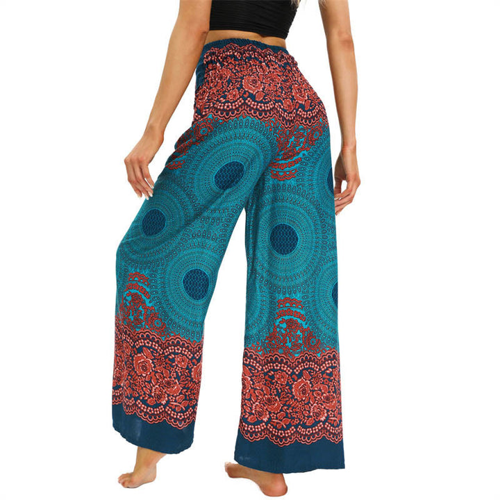 Buddha Stones Bohemian Compass Flower Print Lace-up Wide Leg Pants Women's Yoga Pants