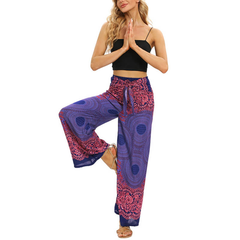 Buddha Stones Bohemian Compass Flower Print Lace-up Wide Leg Pants Women's Yoga Pants