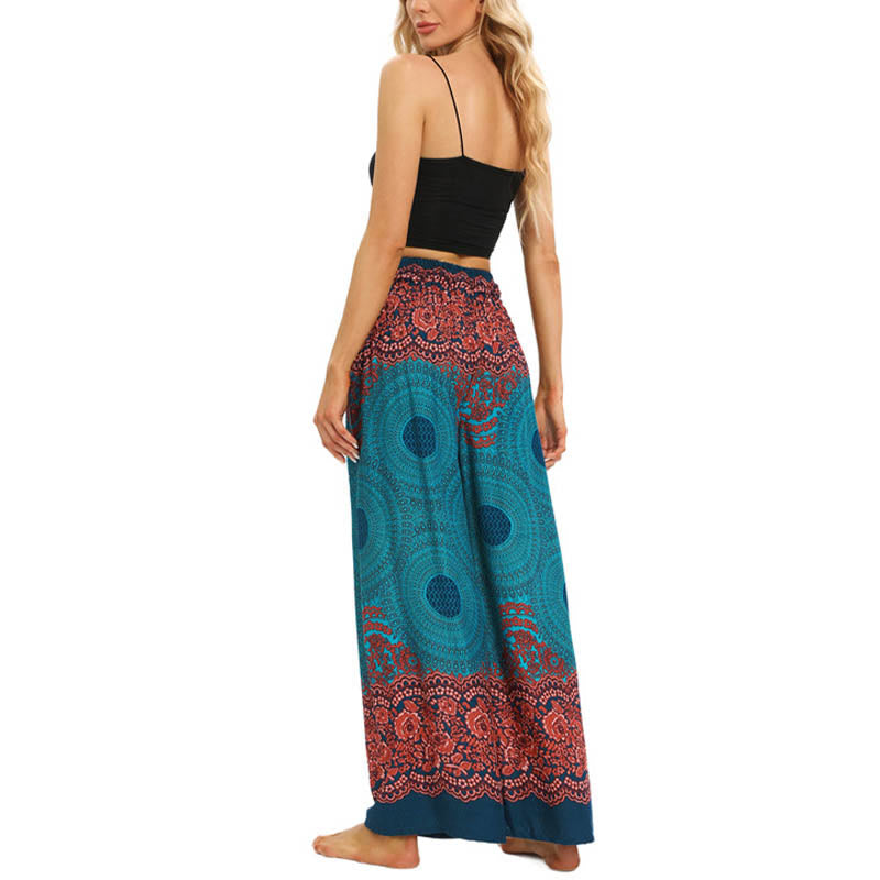 Buddha Stones Bohemian Compass Flower Print Lace-up Wide Leg Pants Women's Yoga Pants