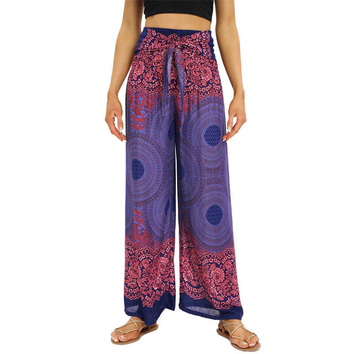 Buddha Stones Bohemian Compass Flower Print Lace-up Wide Leg Pants Women's Yoga Pants