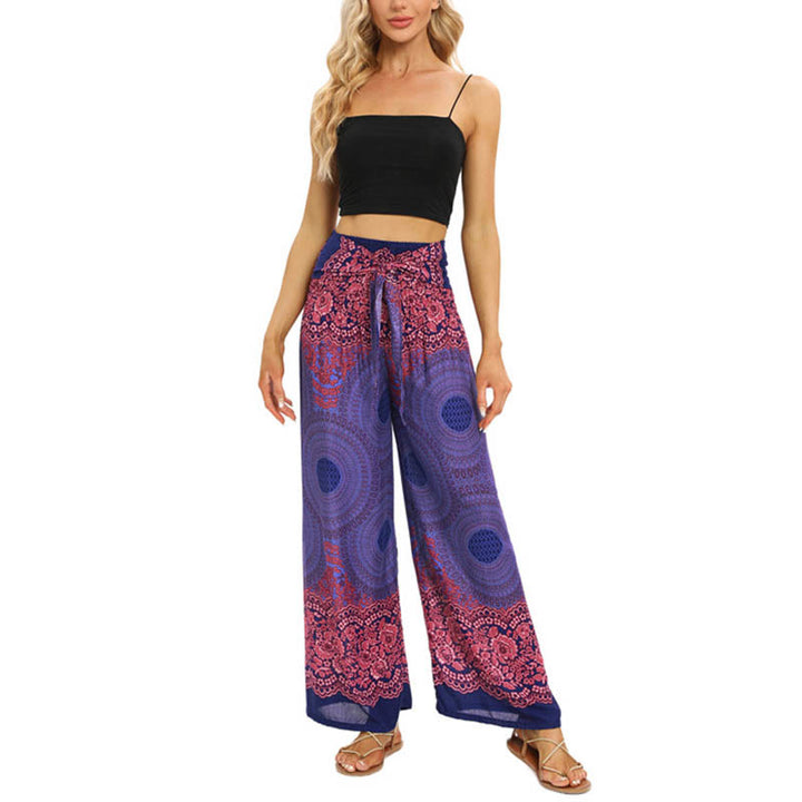 Buddha Stones Bohemian Compass Flower Print Lace-up Wide Leg Pants Women's Yoga Pants