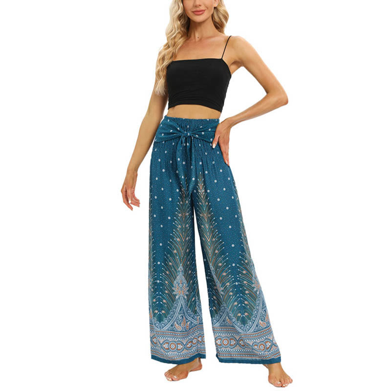 Buddha Stones Boho Peacock Feathers Lace-up Wide Leg Pants Women's Yoga Pants