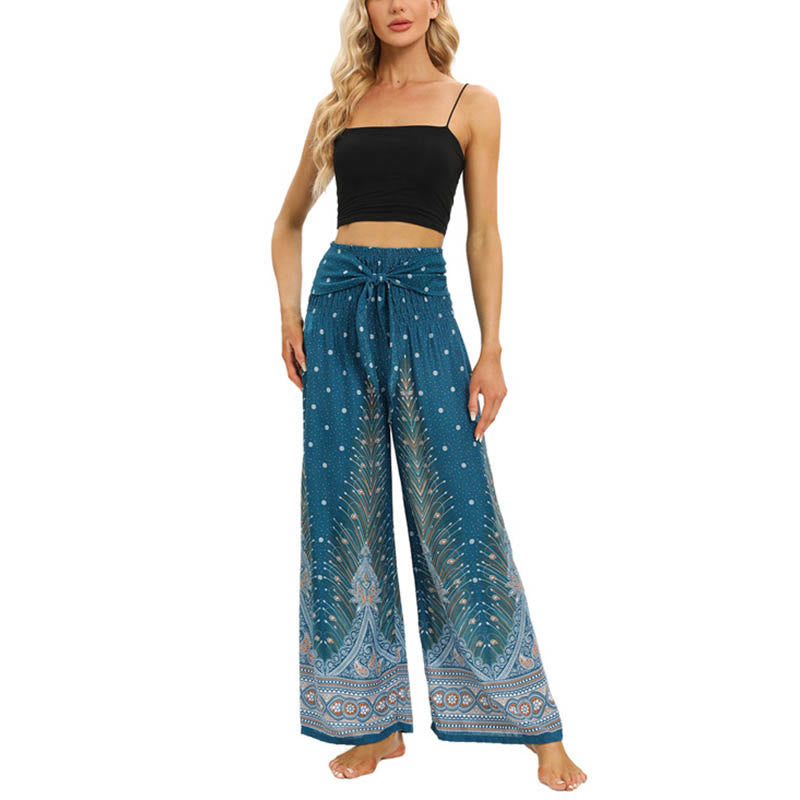 Buddha Stones Boho Peacock Feathers Lace-up Wide Leg Pants Women's Yoga Pants - image 15
