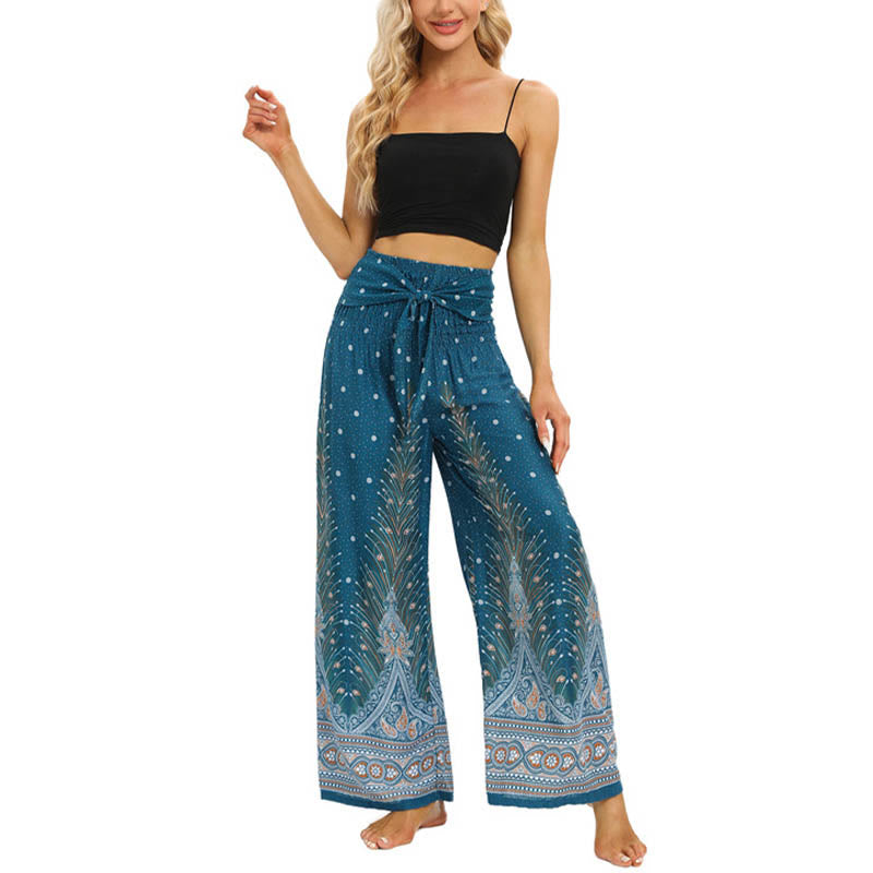 Buddha Stones Boho Peacock Feathers Lace-up Wide Leg Pants Women's Yoga Pants