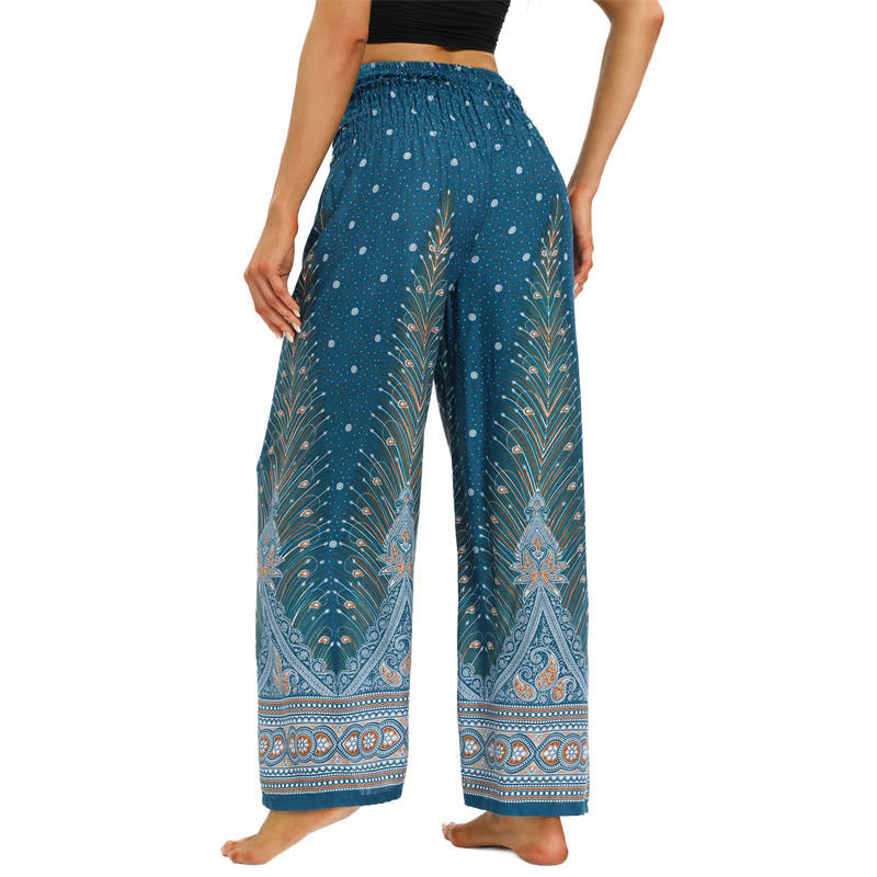 Buddha Stones Boho Peacock Feathers Lace-up Wide Leg Pants Women's Yoga Pants - image 11