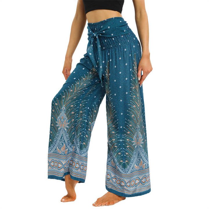 Buddha Stones Boho Peacock Feathers Lace-up Wide Leg Pants Women's Yoga Pants