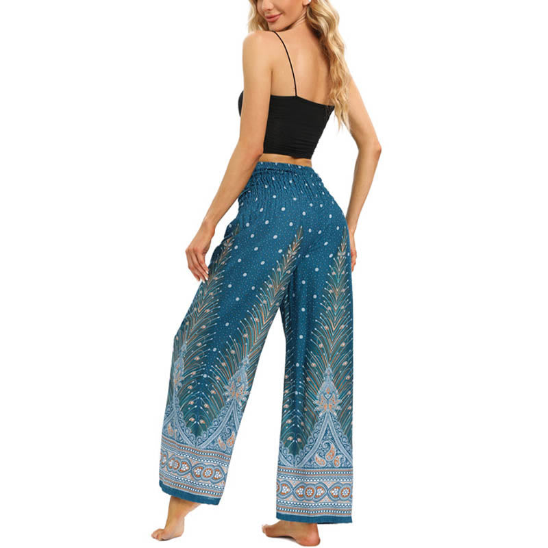 Buddha Stones Boho Peacock Feathers Lace-up Wide Leg Pants Women's Yoga Pants