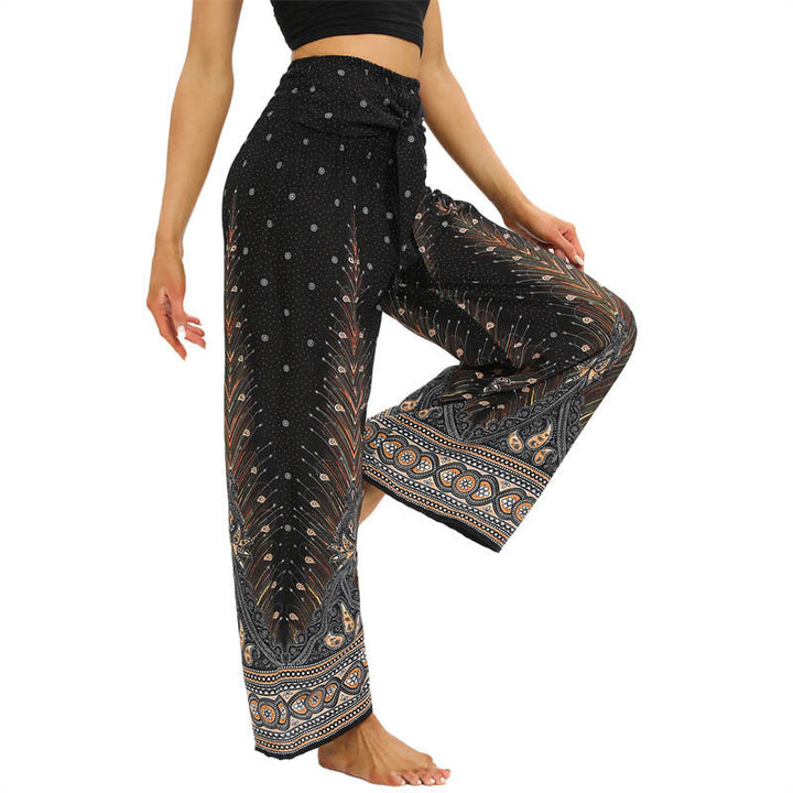 Buddha Stones Boho Peacock Feathers Lace-up Wide Leg Pants Women's Yoga Pants