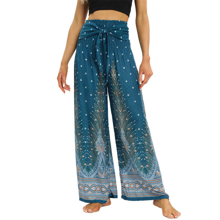 Buddha Stones Boho Peacock Feathers Lace-up Wide Leg Pants Women's Yoga Pants