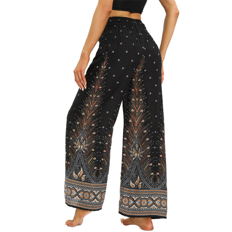 Buddha Stones Boho Peacock Feathers Lace-up Wide Leg Pants Women's Yoga Pants - image 2