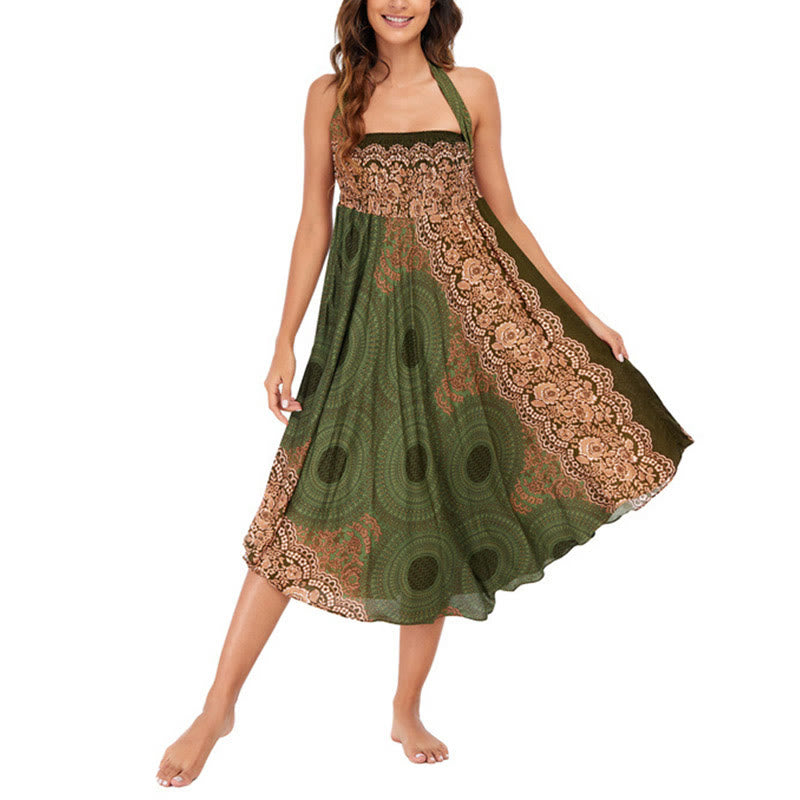 Buddha Stones Two Style Wear Bohemian Compass Rose Flower Lace-up Skirt Dress