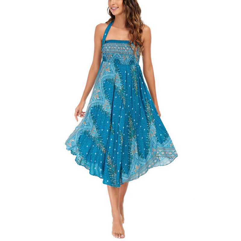 Buddha Stones Two Style Wear Boho Summer Peacock Feather Lace-up Skirt Dress - image 2