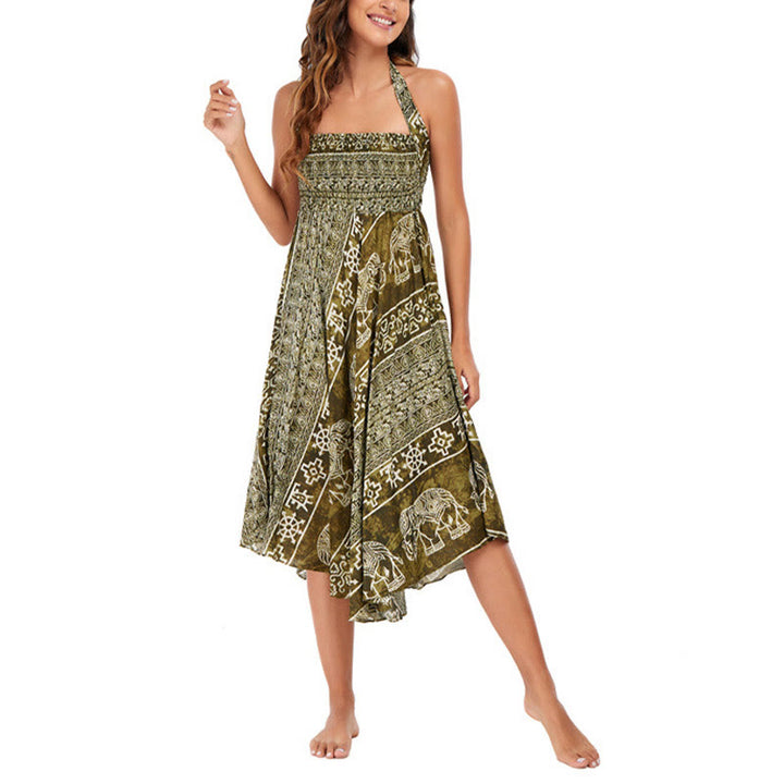 Buddha Stones Two Style Wear Boho Elephant Geometry Lace-up Skirt Dress