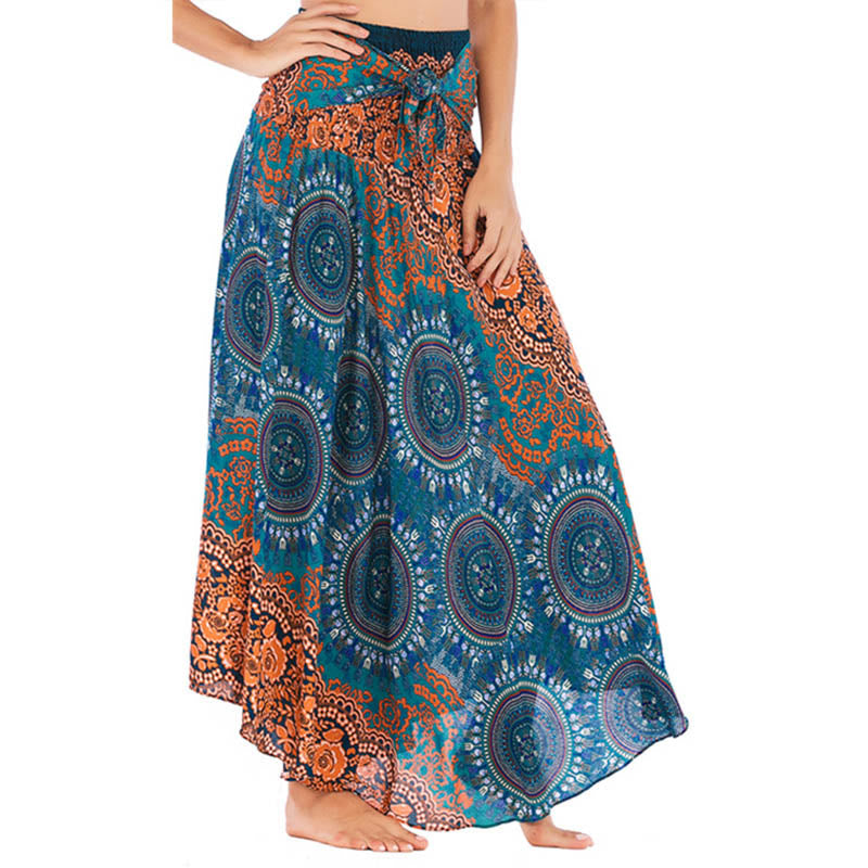 Buddha Stones Two Style Wear Boho Compass Rose Flower Print Lace-up Skirt Dress