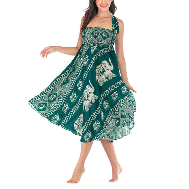 Buddha Stones Two Style Wear Bohemian Summer Elephant Lines Lace-up Skirt Dress